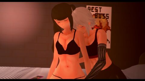 2girls 3d bed bedroom black_hair blush closed_eyes cybernetic_arm dana_zane female hand_on_leg julianne_stingray kissing_shoulder koikatsu light-skinned_female light_skin long_hair morning partially_clothed poster_(object) spiritofrei underwear va-11_hall-a white_hair yuri