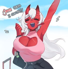 1girls akumi arm_up armpits bag bare_shoulders big_breasts breasts cleavage cleavage_cutout closed_eyes female horns large_breasts long_hair oni oni_horns open_mouth pointy_ears red_skin scars skirt smile solo virtual_youtuber vyugen white_hair yellow_eyes yoclesh