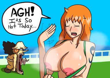 1girls airing_out arm_tattoo black-haired_male black_hair blue_tattoo bra_pull breasts confidentartist dialogue female huge_breasts male nami_(one_piece) nipples one_piece orange-haired_female orange_hair post-timeskip public public_nudity pulled_by_self red_hair steam steaming_body sweat tattoo usopp