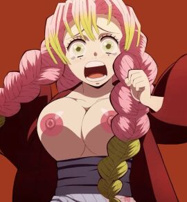 2d_animation animated animated_image big_breasts breasts demon_slayer edit female kanroji_mitsuri running two-tone_hair