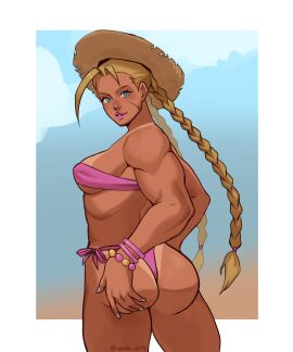 ass beach blonde_hair blue_eyes breasts cammy_white female looking_back muscular muscular_female street_fighter tan_skin valda_arts