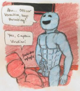 2boys anal anal_sex aroused_face bara begging_for_more blue_skin captain_viridian cowgirl_position female firedicks gay hand_on_penis jerkingoff looking_at_partner male male/male male_only muscular muscular_male officer_vermillion penis pleasure_face riding riding_penis vvvvvv yaoi