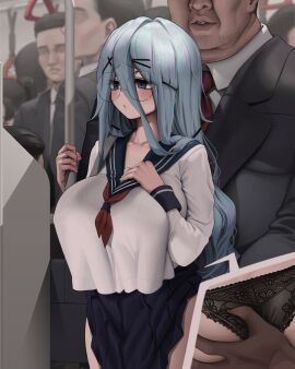 1girls ass ass_grab blue_eyes blue_hair breasts chikan fat_bastard fat_male female female_focus glasses groping large_breasts letdie1414 lifted_skirt male molestation molesting multiple_boys multiple_males nerd nerdy_female older_male older_male_and_younger_female original original_character panties public public_indecency public_sex public_transportation public_use round_eyewear school_uniform schoolgirl skirt_lift skirt_lifted train train_interior window