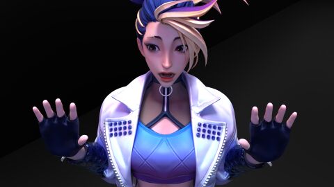 1girls 3d 3d_(artwork) akali blender blender_(software) blender_cycles blonde_hair blue_hair clothing erevos eyebrow_slit female female_only gloves hands_up image_set k/da_all_out_akali k/da_all_out_series k/da_series league_of_legends looking_away solo_female surprised textless_version two-tone_hair
