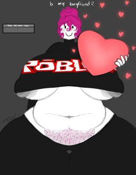 1girls areola_slip areolae areolae_visible_through_clothing asking bettybloxxer black_pants breasts chubby female guest_(roblox) guest_224 heart nipple_bulge nipple_slip nipples nipples_visible_through_clothing pink_hair pink_pubic_hair pubes pubic_hair roblox robloxian roleplay segmented_stomach tagme toxundercover underboob white_skin