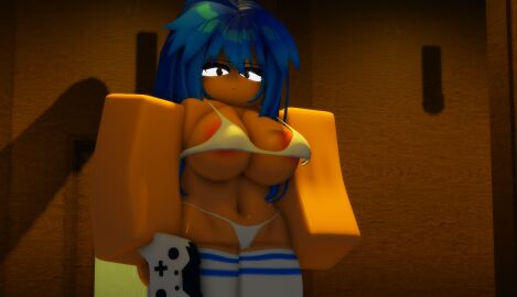 1girls 3d areola areola_slip areolae belly_button big_breasts bikini blocky_body blue_hair bra breasts busty casual_exposure casual_nudity female female_only game_controller gamer_girl ktrr34 light-skinned_female light_skin looking_at_viewer micro_bikini midriff panties roblox robloxian solo solo_female solo_focus thighhighs thong white_bikini white_bra xbox_controller