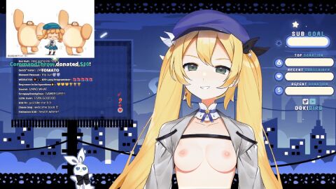 1girls areolae bare_breasts barely_clothed blue_background blue_hat breasts chat choker dokibird dokibird_(1st_costume) donation_alert edit edited_screencap female green_eyes indie_virtual_youtuber meta:vtuber_model open_jacket smile smug streamer streaming tagme_(artist) twintails virtual_youtuber vtuber yellow_hair
