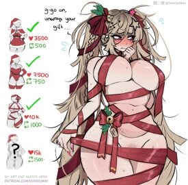 1girls 2d 2d_(artwork) bare_shoulders big_breasts blonde_female blonde_hair blush breasts christmas christmas_present christmas_wrapped curvaceous curvy curvy_figure dokidomiki female female_focus female_only gift_wrapped huge_breasts human_gift large_breasts long_hair miki_(dokidomiki) original pink_eyes simple_background solo solo_female solo_focus strip_game thick_thighs thighs twintails voluptuous voluptuous_female white_background wide_hips wrapped wrappings