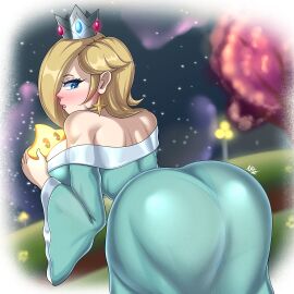 1girls aqua_dress artist_name ass bare_shoulders big_ass big_breasts blonde_hair blue_eyes blush breasts crown curvy dress earrings female from_behind hair_over_one_eye jewelry lips long_hair looking_at_viewer looking_back mario_(series) nintendo nrgxer off-shoulder_dress off_shoulder parted_lips princess_rosalina solo star_(symbol) star_earrings star_print super_mario_galaxy thick_thighs thighs wide_sleeves