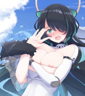 1girls areolae black_hair blue_eye blush breasts cyborg cyborg_arm cyborg_girl embarrassed erina_makina female female_only huge_breasts light-skinned_female light_skin navarler_(varler) nipples nose_blush open_mouth outdoors phase_alias phase_connect sky tiger_ears tiger_girl virtual_youtuber