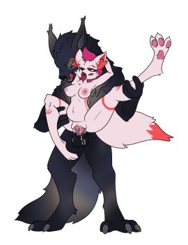 ahe_gao anthro big_belly big_breasts bodily_fluids breasts canid canine cum cum_inside cum_on_penis duo epic_games female female_penetrated fortnite fox genital_fluids genitals hands_behind_head hi_res inflation kimiko_(fortnite) kimiko_five-tails knot licking licking_lips looking_pleasured male male/female mammal pad_(skales) penetration penis raised_leg size_difference skales temper_wolf tongue