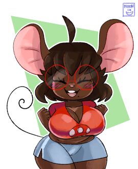 absurd_res ahoge anthro big_breasts big_ears blush breasts brown_body brown_fur buckteeth camel_toe cameltoe closed_eyes clothing cute eyewear female fur glasses gwen_geek gwen_martin hair hi_res mammal markings midriff mole_(marking) moonix_xero mouse murid murine open_mouth pussy rodent short_stack smile solo solo_female teeth thick_thighs