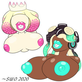 2020 2girls breasts bust bust_portrait crown female green_nipples headphones huge_lips inanimate inanimate_transformation marina_(splatoon) multiple_females multiple_girls nipples no_eyes objectification pearl_(splatoon) pink_nipples smiling splatoon splatoon_2 statue super_weird_one tagme thick_lips transformation what