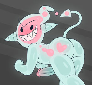 2025 alternate_color ass bent_over black_sclera blue_body blush eyebrows gemsum genitals goo_creature hi_res horn humanoid male penis presenting presenting_hindquarters sharp_teeth simple_background smile solo spade_tail spit_(gemsum) tail teeth toony