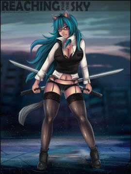 black_panties blue_hair breasts button_up_shirt cat_girl catgirl cleavage female garter_belt glasses huge_breasts nekochank red_eyes stockings swords tan_skin vest