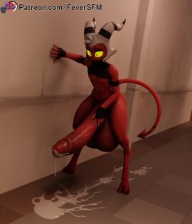 2024 2_horns 3d_(artwork) 5_fingers balls big_balls big_penis bodily_fluids clothing cum cum_on_ground demon digital_media_(artwork) eyebrows feversfm fingerless_gloves fingers genital_fluids genitals glistening glistening_genitalia glistening_penis gloves hair hand_on_penis handwear hellaverse helluva_boss hi_res hooves horn huge_balls huge_cock hyper hyper_balls hyper_genitalia hyper_penis imp male male_only moxxie_(helluva_boss) moxxie_(valorlynz) not_furry penis red_body red_skin solo spade_tail tail text url white_hair yellow_sclera