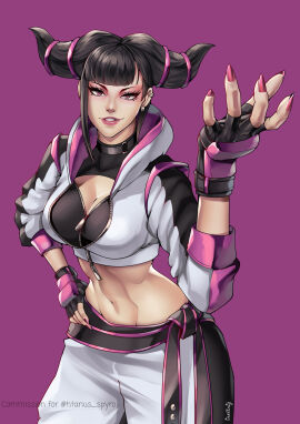 1girls abs big_breasts black_hair blue_eyes breasts capcom choker ear_piercing ear_ring earring earrings female female_only fingerless_gloves fully_clothed jacket juri_han light-skinned_female light_skin midriff painted_fingernails painted_nails purple_eyes sharp_fingernails sharp_nails short_hair smile smiling solo solo_female street_fighter street_fighter_iv stretching thotlerrr toned toned_body toned_female toned_stomach treartz