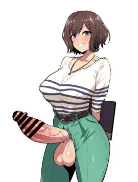1futa absurdres arms_behind_back balls bar_censor belt belt_buckle blush breasts brown_belt brown_hair buckle censored clothed clothing collarbone covered_nipples cowboy_shot erection futa_only futanari gakuen_idolmaster green_pants grin high-waist_pants highres holding huge_cock huge_testicles human idolmaster intersex jewelry large_breasts light-skinned_futa light_skin looking_at_viewer mochiume9 mostly_clothed necklace neo_asari pants penis penis_out purple_eyes shirt short_hair simple_background smile solo striped_clothes striped_shirt testicles veins veiny_penis white_background white_shirt