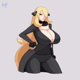 1girls acrylictoon arm_behind_back artist_name big_breasts black_eyes blonde_hair breasts busty child_bearing_hips cleavage closed_mouth cynthia_(pokemon) female female_only hair_over_one_eye hand_on_hip hi_res highres huge_breasts legs long_hair looking_at_viewer nintendo pixel_art pokemon pose posing seductive_smile sensual sexy sexy_pose smile solo thick_thighs thighs voluptuous