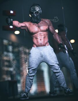 3d arm_tattoo bettybattaglia call_of_duty call_of_duty_modern_warfare_(2019) chest_tattoo dumbbell gloves lifting_weights male masked masked_male mirror nikto shirtless shirtless_male sneakers solo_male stomach_tattoo sweatpants tattoos weights working_out