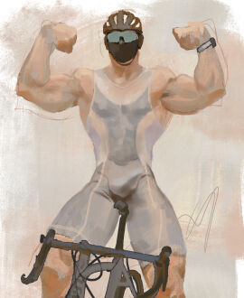 1boy bara biceps bike bulge bulge_through_clothing eyes_covered flexing flexing_arms helmet male male_focus male_only mask muscular muscular_arms muscular_male solo solo_male yangtuokawayi yaoi