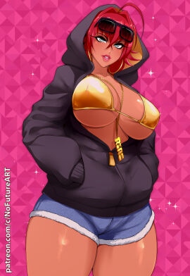 1girls big_breasts bikini_top blue_eyes breasts earrings female female_only gold_bikini hands_in_pockets hi_res high_school_dxd hoodie jean_shorts looking_at_viewer necklace nofuture pink_lipstick red_hair rias_gremory shorts smiling smiling_at_viewer solo sunglasses_on_head tan_body tan_skin thick_thighs unzipped