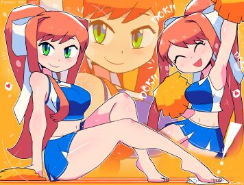 1girls accessory arm_up artist_name big_breasts breasts brown_hair busty cheerleader cheerleader_outfit cheerleader_uniform closed_eyes clothed clothing doki_doki_literature_club feet female green_eyes hair_accessory hair_bow hair_ornament hairbow heart large_breasts light-skinned_female light_skin long_hair looking_at_viewer monika_(doki_doki_literature_club) navel open-mouth_smile open_mouth open_smile pom_poms ponytail sitting smile smiling smiling_at_viewer solo solo_female solo_focus spoken_heart thick_thighs thighs tied_hair tony_welt