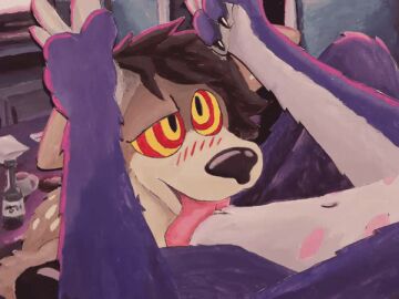 acrylic_painting_(artwork) alcohol_bottle ambiguous_gender animated anthro belly_nipples blush bodily_fluids bunnymutt cunnilingus deer duo female female/ambiguous female/female furry genital_fluids holding_antler hypnosis mammal mind_control oral pussy saliva sex traditional_media_(artwork) vaginal_fluids vaginal_penetration