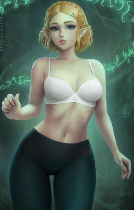 1girls black_leggings black_pants blonde_female blonde_hair bob_cut bra breasts cute drawn female green_eyes highres large_breasts looking_at_viewer mirco_cabbia narrow_waist princess_zelda sciamano240 short_hair slim_waist smiling smiling_at_viewer the_legend_of_zelda thick_thighs topless white_bra wide_hips zelda_(tears_of_the_kingdom)