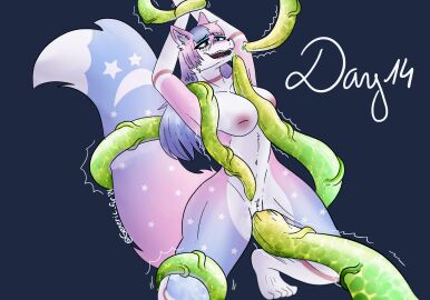 absurd_res anthro arms_above_head artfox26 blue_body blue_eyes blue_fur blue_hair blush blush_lines bodily_fluids bondage bound breast_grab breasts canid canine crescent_moon dripping feet female fluffy fluffy_tail fox fur generic_fur genital_fluids grope hair hand_on_breast heterochromia hi_res imminent_sex kneeling leaking leaking_precum long_hair long_tail looking_pleasured mammal moon nipples penetration pink_body pink_eyes pink_fur pink_hair precum precum_drip pussy sex simple_background slime solo star tail tentacle tentacle_in_pussy tentacle_penetration tentacle_sex thick_thighs vaginal_penetration white_body white_fur