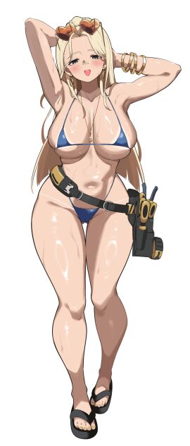 absurdres bandaid bandaid_on_face bandaid_on_nose bikini blue_bikini blue_eyes blunt_ends blush bracelet breasts cameltoe centi_(nikke) centi_(ocean_repair)_(nikke) collarbone curvy eyewear_on_head feet female gluteal_fold goddess_of_victory:_nikke heart heart-shaped_eyewear highres jewelry large_breasts long_hair micro_bikini navel neck necklace official_alternate_costume open_mouth parted_bangs partially_undressed pussy sandals screwdriver sideboob simple_background sleeves_rolled_up smile stomach sunglasses sweat swimsuit tape_measure thigh_gap thighs toes toolbox underboob white_background wrench yabai_gorilla