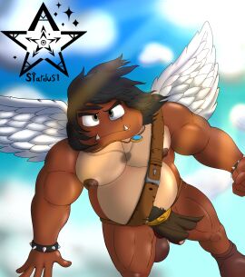 5_fingers absurd_res accessory anthro baldric balls barely_visible_genitalia biped boots bottomwear bracelet brown_body clothing darkened_genitalia elemental_creature fafnir_stardust_(artist) fan_character fangs feathered_wings feathers fingers flaccid foreskin fungi_fauna fungus genitals glans goomba hair hi_res humanoid_genitalia humanoid_penis jewelry loincloth long_hair male male_anthro mario_(series) mario_bros multicolored_body musclegut muscular necklace nintendo nipples paragoomba partially_retracted_foreskin penis pubes retracted_foreskin solo spiked_bracelet spikes teeth two-tone_body uncircumcised wings