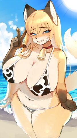 1girls anthro beach blue_eyes breasts canid canine cow_print cowbell cowbell_collar curvaceous female fluffy_tail fox furry gloves kemono large_breasts long_hair onikuman peace_sign swimsuit tagme wide_hips