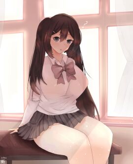 1girls black_hair blue_eyes clothed curtains desk female female_focus female_only hairpin jutsu_(artist) light-skinned_female light_skin pale-skinned_female pale_skin question_mark ribbon school school_uniform schoolgirl sitting skirt solo solo_female solo_focus twintails uniform window