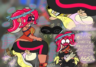 agent_4_(splatoon) agent_8_(splatoon) animal_humanoid anthro ass_in_face blush cephalopod cephalopod_humanoid danielgreeninkling face_in_ass facesitting female grope groping groping_ass humanoid inkling inkling_girl mask_(marking) nintendo octoling octoling_girl octopus patricia_(splatoon) pointy_ears pseudo_hair sitting_on_face sitting_on_person splatoon splatoon_(series) splatoon_2 squid tentacle tentacle_hair wet_pants