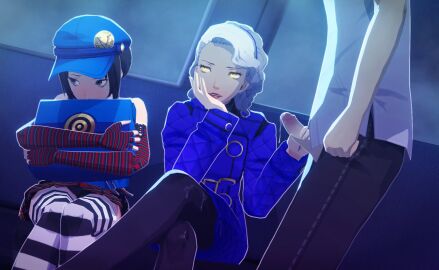 atlus bag black_hair clothing cum cum_dripping cum_on_clothes cum_on_legs disinterested female handjob headwear human male manual margaret_(persona) marie_(persona_4) older_female pale_skin persona persona_4 striped_legwear uriziel38 velvet_room white_hair