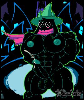1boy 2d abs absurd_res anthro anthro_male anthro_only balls biceps big_balls big_nipples big_pecs big_penis black_body black_fur blush bodily_fluids bovid bovine caprine ch4mm0zotz closed_eyes clothing cum deltarune ejaculation embarrassed erection eyewear fur furry furry_male furry_only genital_fluids genitals glans glasses goat green_glans green_nipples hands_behind_back hat headgear headwear hi_res horn long_ears male male_only mammal muscular nipples nude orgasm pecs penis pink_blush ralsei scarf solo thick_thighs tuft undertale_(series)