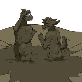 anthro ass big_ass big_butt blue_eyes bovid caprine cyrus_mackenzie dirty duo eyewear fur genitals goat goggles grey_body grey_fur happy hi_res long_ears male male/male mammal mud mud_covered muddy nude open_mouth partially_submerged penis perineum perry_(perrygoat) perrygoat rear_view tail tail_motion tailwag tongue tongue_out wam