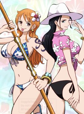 2girls apple7apo arm_tattoo big_breasts bikini bikini_bottom black-haired_female black_hair blue_tattoo breasts busty cleavage clima-tact clothing cropped_shirt curvy female female_only flower_in_hair hat nami_(one_piece) nico_robin one_piece one_piece_film_gold orange-haired_female orange_hair pose straw_hat_pirates tattoo tongue tongue_out