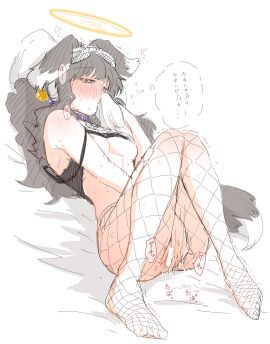 animal_ears bare_shoulders barefoot black_hair blue_archive blue_eyes blush breasts bright_pupils camisole censored collar dog_ears dog_girl dog_tail feet female female_masturbation fishnets floppy_ears goggles goggles_on_head hair_bobbles hair_ornament halo hibiki_(blue_archive) highres long_hair low_twintails lying masturbation medium_breasts nipples off_shoulder on_back pillow purple_collar pussy pussy_juice simple_background smelling solo sound_effects sweat tail tank_top toes twintails white_background white_pupils yagon1942 yellow_halo