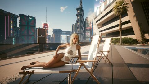 3d big_breasts breasts cyberpunk_2077 female game long_hair pose seductive seductive_look seductive_smile showing_breasts smile sun sunbed swimsuit v_(cyberpunk_2077) valerie_(cyberpunk_2077)