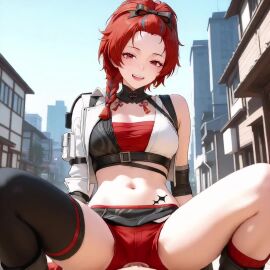 1boy 1girls ai_generated anal anal_sex animated chixia_(wuthering_waves) cowgirl_position cum cum_in_ass cum_inside looking_at_viewer male/female no_sound outdoors outside pov red_eyes red_hair short_shorts shorts tagme video wuthering_waves