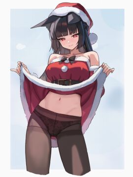 1girls animal_ears belly_button blunt_bangs breasts christmas dress dress_lift female flashing hoshimi_miyabi panties pantyhose rehu_(astd5787) santa_hat see-through skirt_lift smile solo teasing zenless_zone_zero