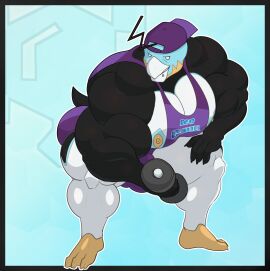 anthro ass athletic athletic_wear avian backwards_baseball_cap backwards_hat baseball_cap beak biceps big_muscles bird black_body bottomwear bulge clothed clothing detailed_bulge digital_media_(artwork) dumbbell eiscue english_text exercise feet generation_8_pokemon gym_bottomwear gym_shorts hat headgear headwear hi_res huge_muscles hyper hyper_muscles looking_at_viewer male muscles muscular muscular_anthro muscular_male nintendo nipples noice_face_eiscue pecs plantigrade pokemon pokemon_(species) seaserpenttailor shirt shorts simple_background smile solo sportswear tail teeth text text_on_clothing text_on_shirt text_on_topwear toes topwear weightlifting weights white_body workout