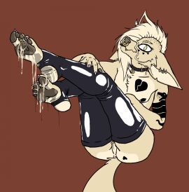 5_toes anthro anus blonde_hair bodily_fluids canid canine clothing collar colored_nails cum cum_on_feet digit_ring ear_piercing ear_ring facial_piercing feef feet fennec_fox fennfeathers foot_fetish foot_focus fox fur genital_fluids green_eyes guiche_piercing hair hi_res humanoid_feet jewelry latex latex_clothing latex_legwear latex_thigh_highs legs_up legwear lips male mammal nails nipple_piercing nipples nonbinary_(lore) nose_piercing nose_ring notched_ear pawpads perineum piercing plantigrade red_background ring ring_piercing simple_background solo tail_anus tan_body tan_fur tattoo thick_bottom_lip thigh_highs toe_ring toes true_fox
