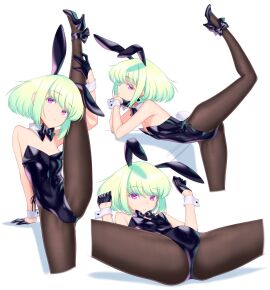 1boy 2d androgynous bob_cut bowtie_collar bulge bunny_ears bunnysuit burrrntlemon color crossdressing femboy femboy_only flexible gloves green_hair high_heels leotard lio_fotia male male_only male_playboy_bunny nipple_slip nipples playboy_bunny promare purple_eyes raised_leg short_hair solo stockings strapless_leotard white_background
