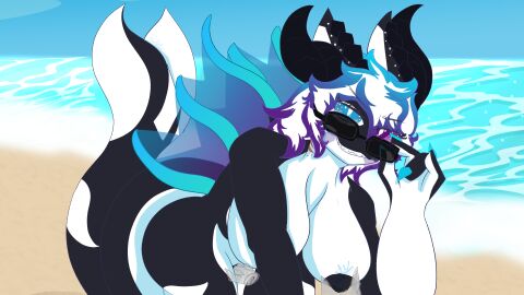 absurd_res anthro beach black_nipples black_pussy blue_eyes breasts cetacean cleavage clothed clothing dolphin dragon eyewear female fin finger_fuck fingering genitals golden_week gradient_hair gradient_wings hair heterochromia hi_res horn hybrid leaning leaning_forward looking_at_viewer mammal marine mythological_creature mythological_scalie mythology nails nipple_fetish nipple_pinch nipple_play nipples oceanic_dolphin orca pinch protogensixty pupils purple_eyes pussy scales scalie sea sedna_(protogensixty) shaded shaded_line_art sky solo sunglasses tail tail_fin toothed_whale translucent translucent_wings vaginal_penetration water white_hair white_pupils wings