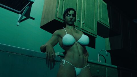 1girls 3d 3d_(artwork) big_breasts bikini bikini_bottom bikini_top breasts brown_hair female garry's_mod left_4_dead left_4_dead_(series) light-skinned_female light_skin looking_at_viewer muscular muscular_female suggestive suggestive_look thick_thighs thong tomboy voluptuous white_bikini zoey_(left_4_dead)