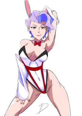 1girls 2019 arm_behind_head bare_hips blue_hair bow_tie bowtie bunny_ears bunnysuit croix_meridies deanialsart eyebrows_visible_through_hair fanart female female_focus female_only glasses green_eyes hair light-skinned_female light_skin little_witch_academia long_hair open_eyes pale-skinned_female pale_skin purple_hair short_hair simple_background smile smiling solo solo_female studio_trigger twitter white_background