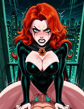 1boy abs ai_generated artist_name black_cape black_choker black_leotard black_lips black_nails blush body_freckles breasts bridal_gauntlets building cape choker city cityscape cleavage clenched_teeth clothed_female_nude_male clothed_sex clothing clothing_aside cowgirl_position eyeshadow female goblin_queen_(x-men) green_eyes indoors jewelry jousneystudio large_breasts leotard leotard_aside long_hair looking_at_viewer madelyne_pryor makeup male male_pov marvel marvel_comics mascara mole mole_on_breast night nude on_top orange_hair patreon_username penis pussy pussy_juice red_hair runny_makeup sex sky solo_focus spread_legs squatting_cowgirl_position straddling straight sweat teeth thighs vaginal_penetration x-men x-men_97